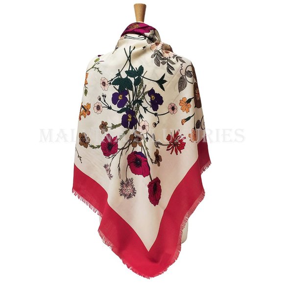 GUCCI SCARF MISS FLORA PRINT SHAWL WOOL SILK PINK BORDER SQUARE sz 55" - Picture 7 of 13